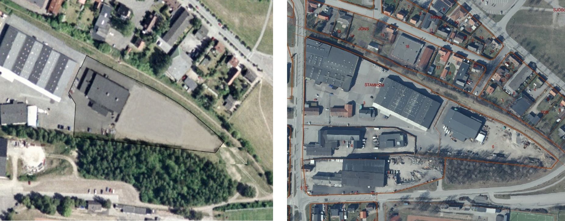 Fig 4. Flygfoto över Sjöbo bruk, Stamhem 2004.	                 Fig 5. Flygfoto över Sjöbo bruk, Stamhem 2022.