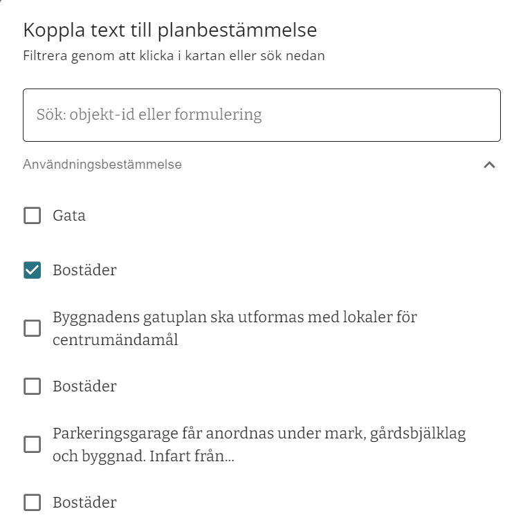 Koppla motiv till bestämmelse - tabellvy